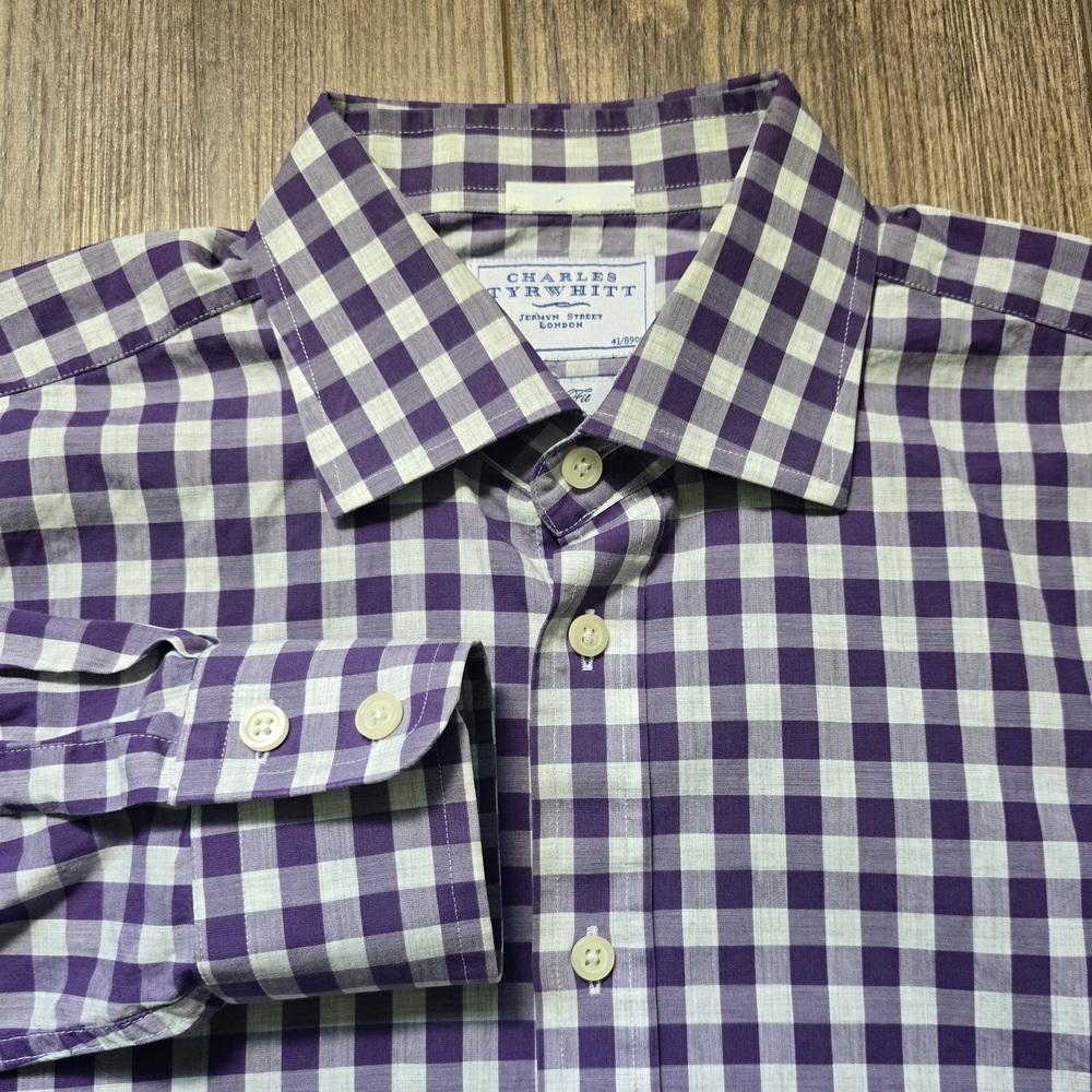 Charles Tyrwhitt Dress Shirt Mens 16/35 Purple Gingham Cotton Academia Office